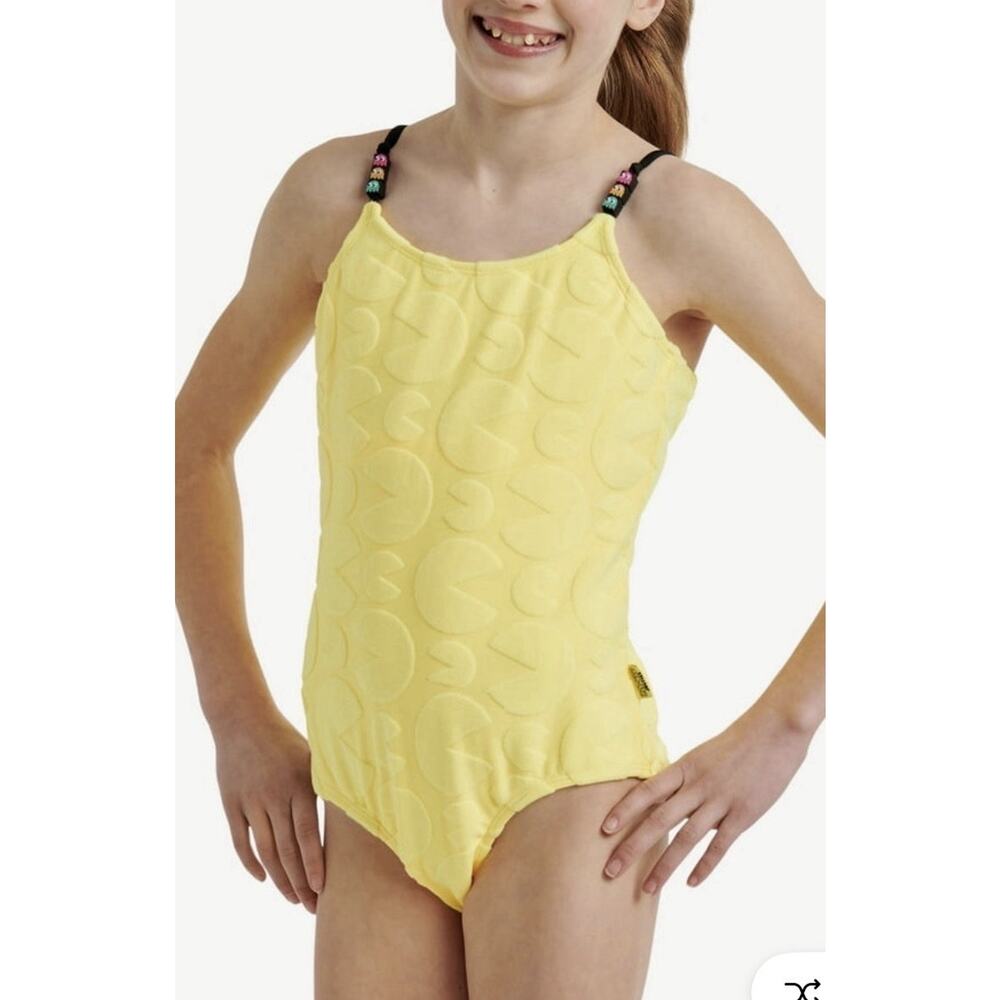 NEW Justice Girls Terry Pacman One-Piece, Yellow Embossed Sizes Large 12/14